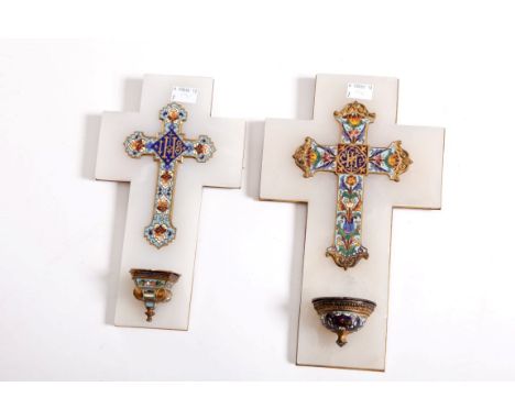 TWO ATTRACTIVE FRENCH ONYX AND CLOISONNE MOUNTED HOLY WATER FONTS, each with an onyx back, set on with a cloisonne enamel cru