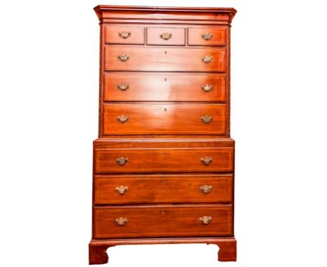 A FINE GEORGIAN PERIOD INLAID MAHOGANY CHEST-ON-CHEST, the moulded cornice above an arrangement of three long and three short