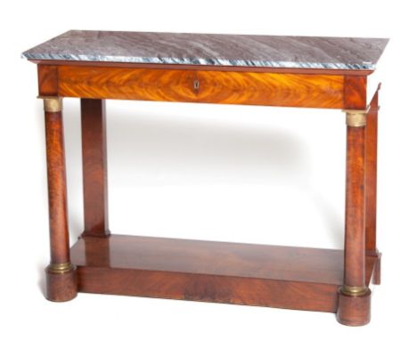 AN ATTRACTIVE FRENCH EMPIRE PERIOD BRASS-MOUNTED CONSOLE TABLE, with grey veined marble top, above a frieze drawer, raised on