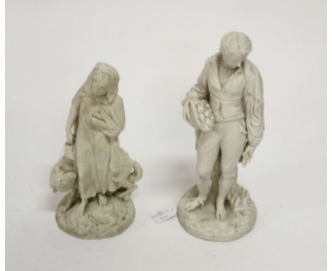 A PAIR OF LATE VICTORIAN PARIAN FIGURES, one Red Riding Hood with a fox, the other a man holding a basket of fruit and an axe