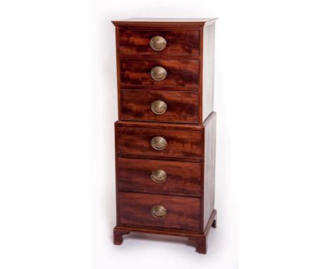 A VERY UNUSUAL GEORGE III PERIOD MAHOGANY CHEST ON CHEST, of small proportions, with rectangular moulded top, above three sma