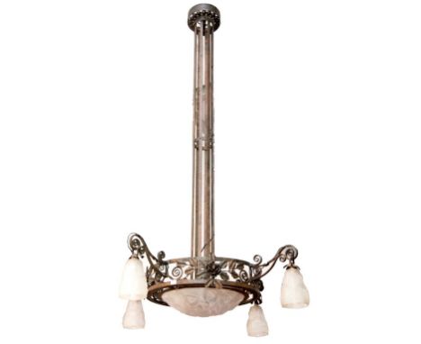 A TALL ART DECO CAST AND WROUGHT METAL CEILING LIGHT, the shades in the Renellic style, with four arms and a centre relief mo