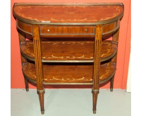 A PAIR OF FRENCH THREE-TIER MARQUETRY CONSOLE DESSERTES, 20th century, each with a pierced three-quarter gallery and a frieze
