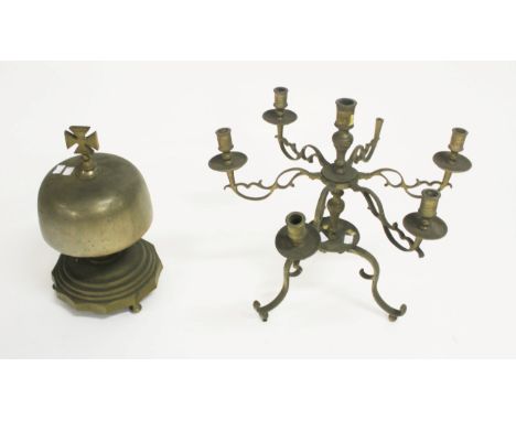 A SEVENTEENTH CENTURY STYLE BRASS CANDELABRUM, with six pierced arms, and a centre light, on a tripod base, 18" (46cm)h; toge
