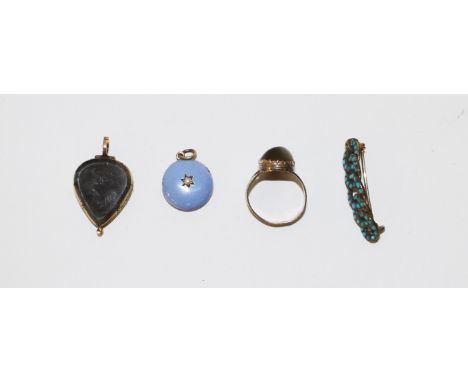 A VICTORIAN GOLD AND TURQUOISE BROOCH, a heart shaped locket with locket pair and another circular ditto in blue enamel with 