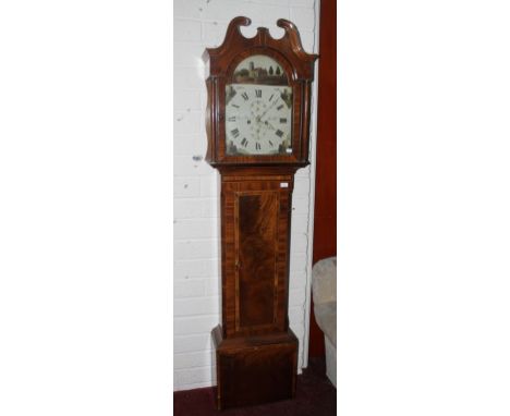 A 19TH CENTURY INLAID AND CROSS BANDED MAHOGANY LONGCASE CLOCK, the swan neck pediment above an arched and painted dial, the 