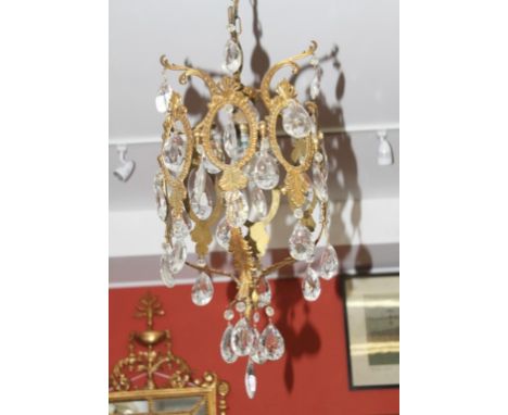 AN UNUSUAL GILT METAL LANTERN, with glass drops, modern, 19" (48cm)h. (1) 