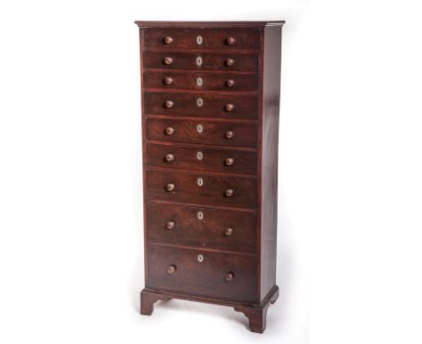 A VERY UNUSUAL GEORGIAN PERIOD MAHOGANY TALL BOY, the moulded top above nine long graduating drawers, raised on bracket feet,