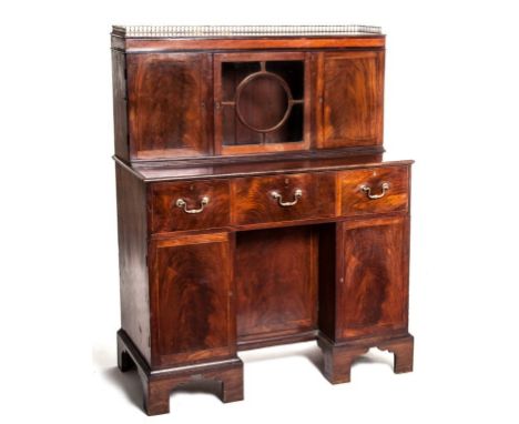 A GOOD GEORGE III PERIOD MAHOGANY SECRETAIRE CABINET, with three-quarter brass gallery, above a centre glazed door, flanked t