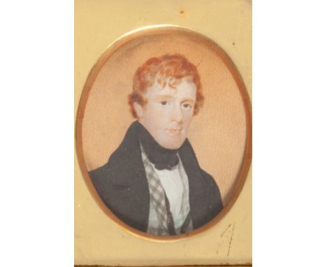A NINETEENTH CENTURY MINIATURE PORTRAIT, depicting a gentleman wearing a black bowtie, black jacket and check waist coat, on 