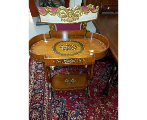 A FINE DECORATED SATINWOOD TRICOTEUSE, the top with bowed side sections and square centre, decorated with scrolling foliage a