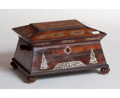 A WILLIAM IV PERIOD ROSEWOOD AND MOTHER 'O' PEARL INLAID LADIES WORK, JEWELLERY CASE, of sarcophagus form, the hinged cover o