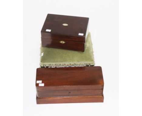 AN OBLONG MAHOGANY GLOVE BOX, on rectangular plinth base, 14.5" (37cm)w; together with a mother 'o'  pearl inlaid  rosewood v