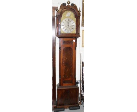 AN EARLY 19TH CENTURY MAHOGANY EIGHT-DAY LONGCASE CLOCK, by John Chambley of W'ton, the arched top with three brass urn finia