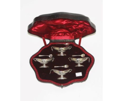 A GOOD CASED SET OF FOUR ADAM'S STYLE SILVER BOAT SHAPED SALTS, by N & H  Sheffield 1892, each with two swivel ring handles, 
