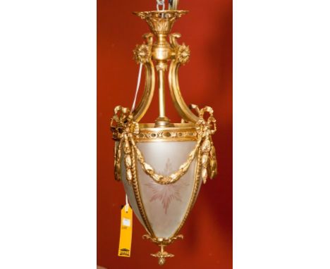 A VERY ATTRACTIVE GILT BRASS MOUNTED GLASS HALL LANTERN, in the form of an acorn, with leaf cast C-scroll corona above four r