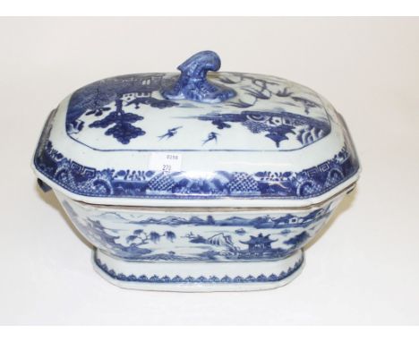 A PAIR OF CHINESE NANKIN BLUE AND WHITE PORCELAIN SOUP TUREENS AND COVERS, 18th century, each decorated with dwellings by a r