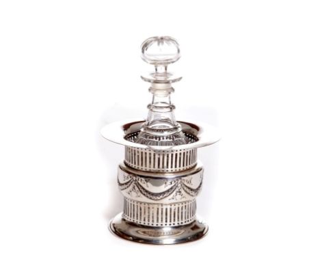 A PIERCED SILVER COASTER OR SYPHON STAND, Sheffield 1897, 6 "(15cm)h, 515g; together with a glass decanter and stopper. (2) 