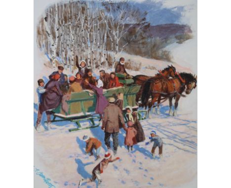 Mel Crawford (Canadian, B. 1925) "A Pause in the Sleigh Ride" Signed lower left. Original Oil painting on Illustration Board.