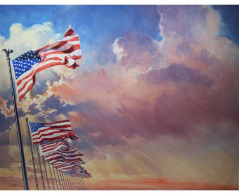 Dennis Lyall (American, B. 1946) "The Stars and Stripes" Signed lower left. Original Oil on Canvas board. Provenance: Collect
