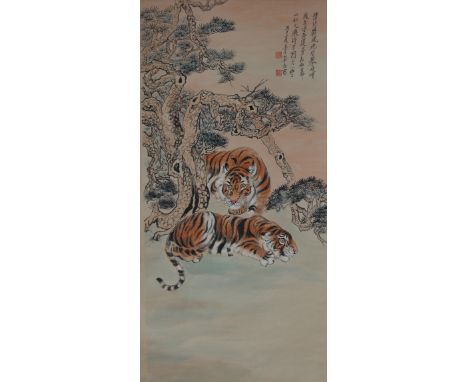 Shanzi Zhang  (China, 1882 - 1940) Large Original Watercolor Scroll painting. Signed with two artist seals upper left.  Prove