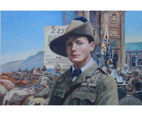 Brian Sanders (British, B. 1937) "Winston Churchill, War Correspondent 1899-1900" Original Oil on Masonite painting. Provenan