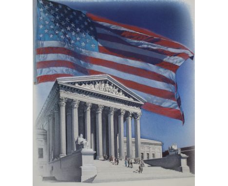 Jim Butcher (American, B. 1944) "American Flag over Supreme Court" Signed and dated (1981) lower right. Original Mixed Media 