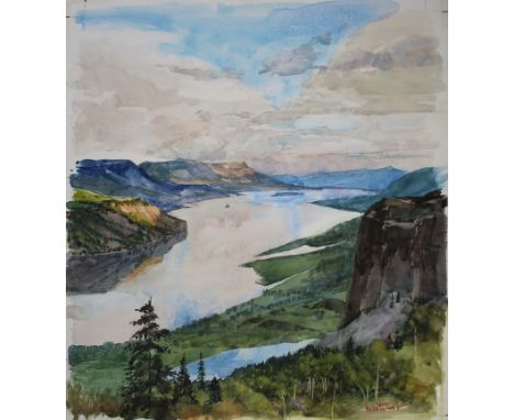 Skip Whitcomb (American, B. 1946) "Columbia River Gorge" Signed lower right. Original Watercolor painting on Illustration Boa