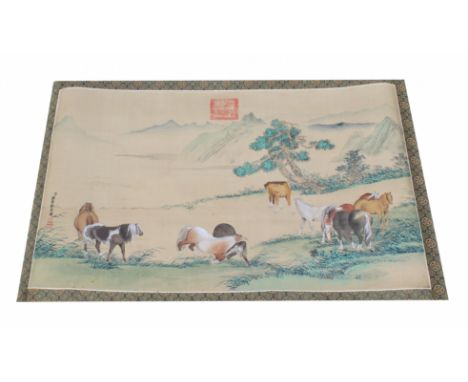 Signed, Original Chinese Scroll Painting of Horses in a landscape. Signed lower left and with artist seal in upper portion. W