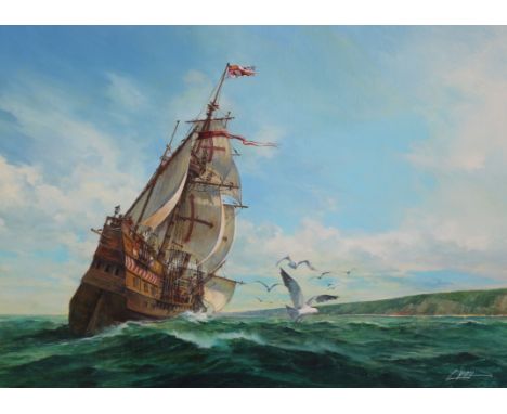 Dennis Lyall (American, B. 1946) "Sailing Ship of Discovery" Signed lower right. Original Oil on Canvas board. Provenance: Co