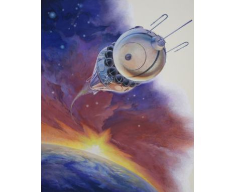 Vladimir Beilin (Russian, 20th C.) "Vostok I in Orbit" Original Watercolor painting on Paper. Provenance: Collection of James