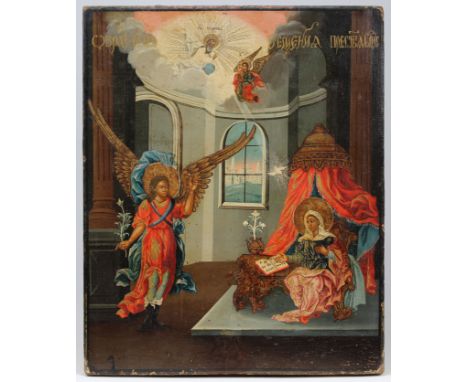 Antique Russian Icon, The Annunciation. 19th century. Tempera on wood panel. With collector label verso. Provenance: Private 