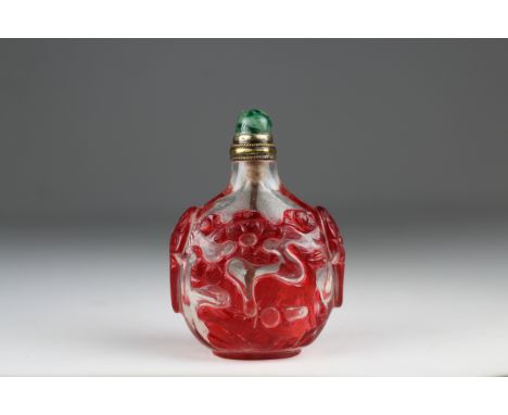 19th C. Chinese Glass Overlay Snuff Bottle. Translucent red-ruby glass to the clear glass ground with deer and crane. Each na