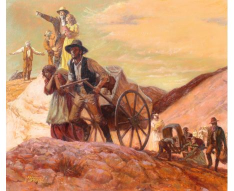 Shannon Stirnweis (B. 1931) "Mormons Arriving in Salt Lake" Signed lower left. Original Oil painting on Illustration Board. P