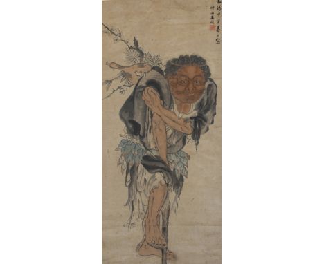 Chinese School, Early Antique Scroll Painting. Signed upper right. Watercolor/ink. Image Size: 45 x 20.5 in. Overall Size: 77