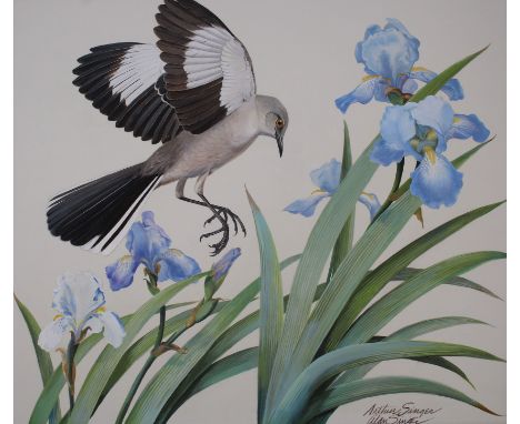 Arthur Singer (New York, 1917 - 1990) "Mockingbird and Iris" Signed lower right. Original Watercolor painting on Illustration