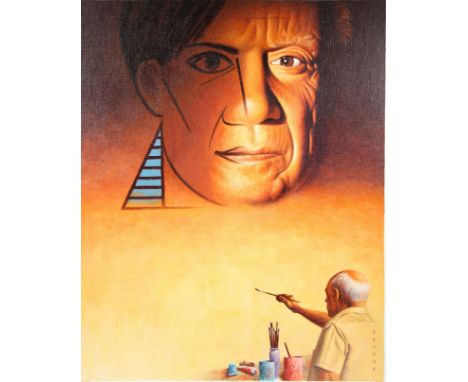 Howard Koslow (American, 1924 - 2016) "The Art of Picasso" Signed lower right. Original Acrylic painting on Canvasboard. Prov