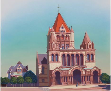 Donald Moss (1920 - 2010) "Trinity Church" Boston. Signed lower left. Original Oil painting on Illustration Board. Provenance