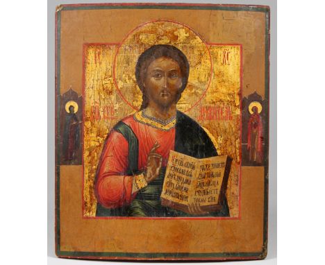 Antique Russian Icon, Christ Pantocrator. Tempera, gold leaf and gesso on wood panel. Collector label verso. Provenance: Impo