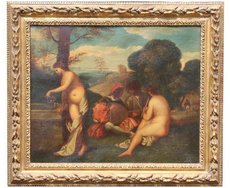 Old Master European School Painting Depicting Figures in a Landscape. With a nude woman drawing water from a well near the fo