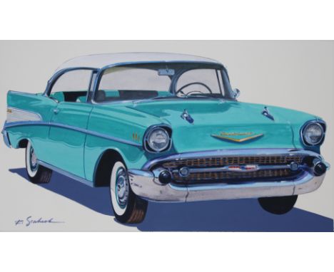 Robert Seabeck (Wyoming, B. 1945) "1957 Bel Air" Signed lower left. Original Mixed Media painting on Paper. Provenance: Colle