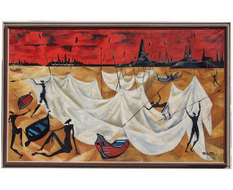 Carlos Bastos (Brazil, 1925-2004) Large 1964 painting of figures with spears and canoes. Signed and dated lower right. Oil on
