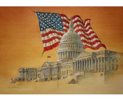 Ron Sloan (American, B. 1950) "U.S. Flag over Capitol Building" Signed lower left. Original Mixed Media painting on Illustrat