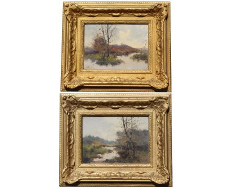 (2) Eugene Galien-Laloue  (France, 1854 - 1941) Landscape paintings with figures in each painting beneath a tree near a river