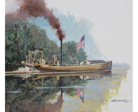 John Swatsley (American, B. 1937) "Steamboat Experiment (1788-1790)" Signed lower right. Original Oil painting on Illustratio