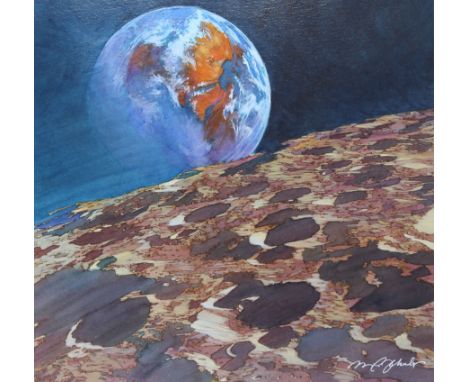 Mark Schuler (American, B. 1951) "View of Earth from Moon" Signed lower right. Original Mixed Media painting on Illustration 
