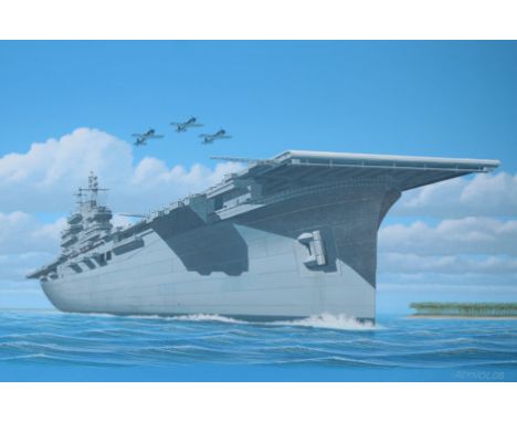 Keith Reynolds (American, B. 1929) "USS Lexington (CV-16)" Signed lower right. Original Oil painting on Canvas Board. Provena