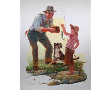 Lyle Tayson (American, 1924 - 2014) "Taking a Picture of First Fish" Signed lower left. Original Oil painting on Illustration