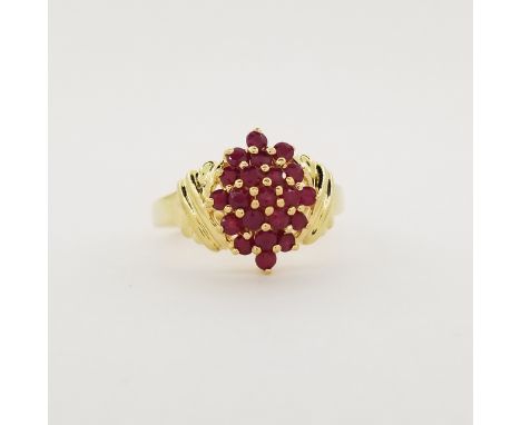 10K Gold &amp; Ruby Cluster Ring. Stamped '10K' inside ring. Total Weight: 3 dwt / 4.7 g Ring Size: 7 - All silver, gold and/