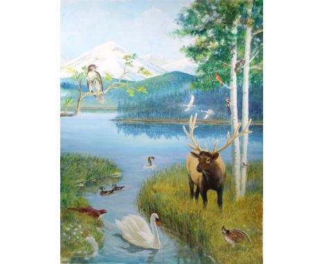 George Sottung (American, 1927 - 1999) "Wildlife At a Mountain Lake" Signed lower right. Original Oil painting on Illustratio